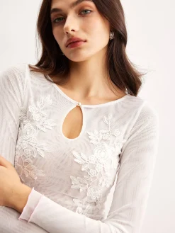 Keyhole Neckline Floral Mesh Blouse