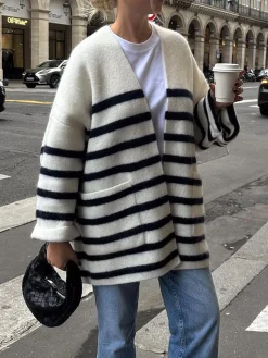 Knit Oversized Stripe Pocket Cardigan