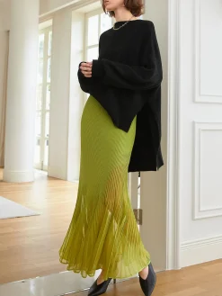 Knit Pleated Semi-sheer Maxi Skirt