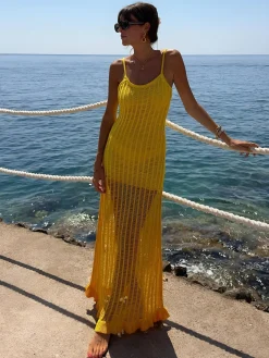 Knit Ruffle Midi Dress With Openwork Panels