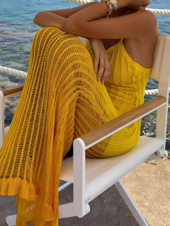 Knit Ruffle Midi Dress With Openwork Panels