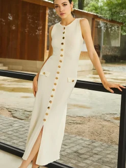 Knit Sleeveless Buttoned Sweater Dress