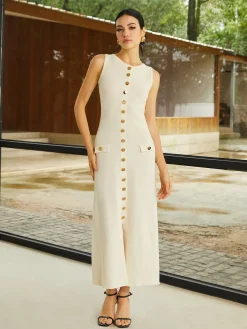 Knit Sleeveless Buttoned Sweater Dress