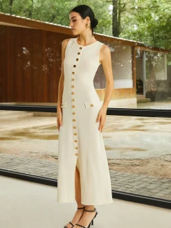 Knit Sleeveless Buttoned Sweater Dress