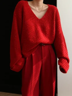 Knit Solid V-neck Long Sleeve Sweater