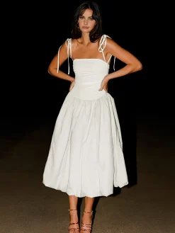 Knotted Adjustable Strap Pockets Midi Dress