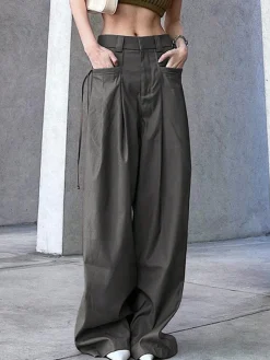Knotted Pleated Wide-Leg Draped Pants