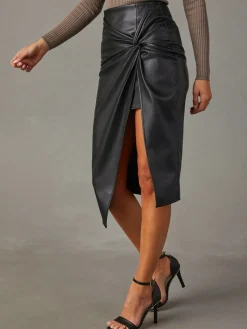 Knotted Slit Faux Leather Skirt