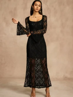 Lace Bell Sleeve Lined Dress