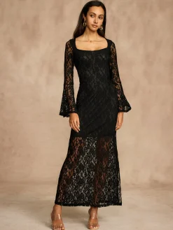 Lace Bell Sleeve Lined Dress