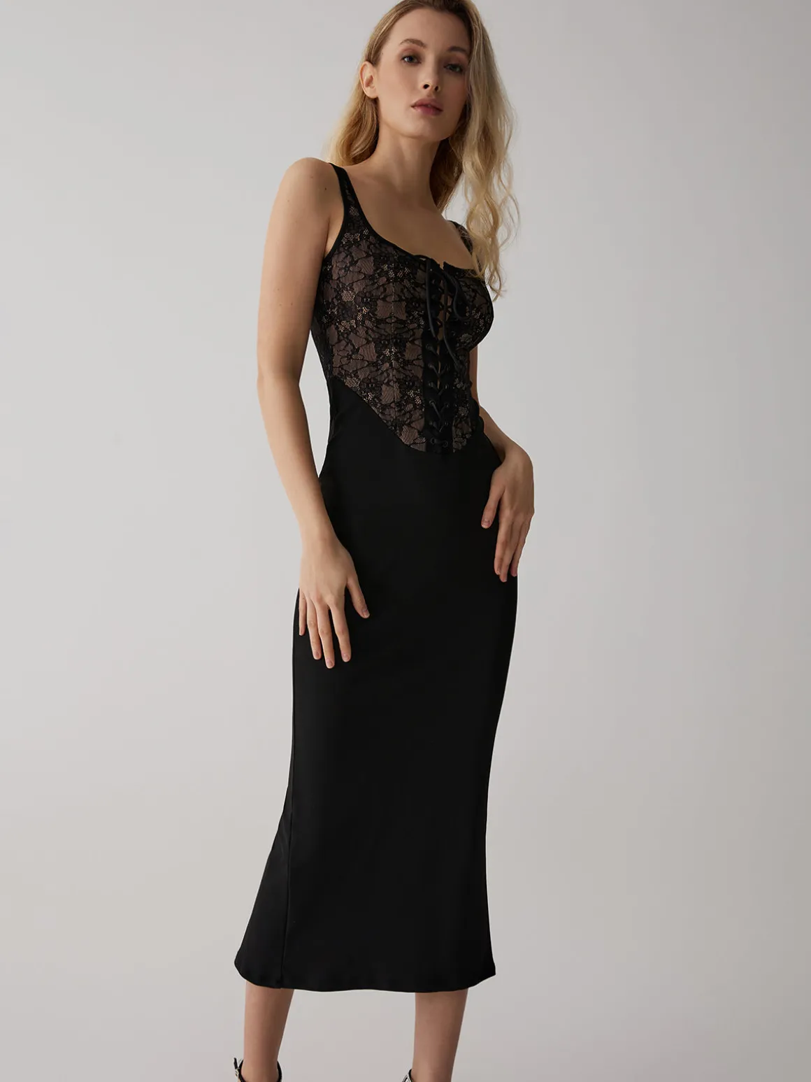 Lace Corset Square Neck Long Dress