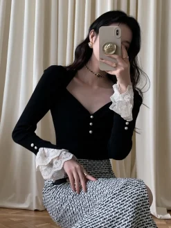 Lace Cuff Slim Sweater