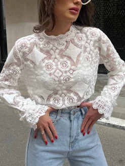 Lace Embroidery Floral Mock Neck Blouse