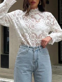 Lace Embroidery Floral Mock Neck Blouse
