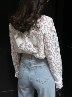 Lace Embroidery Floral Mock Neck Blouse