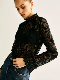 Lace Embroidery Floral Mock Neck Blouse