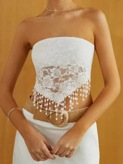 Lace Insert Tassel Hem Tube Top