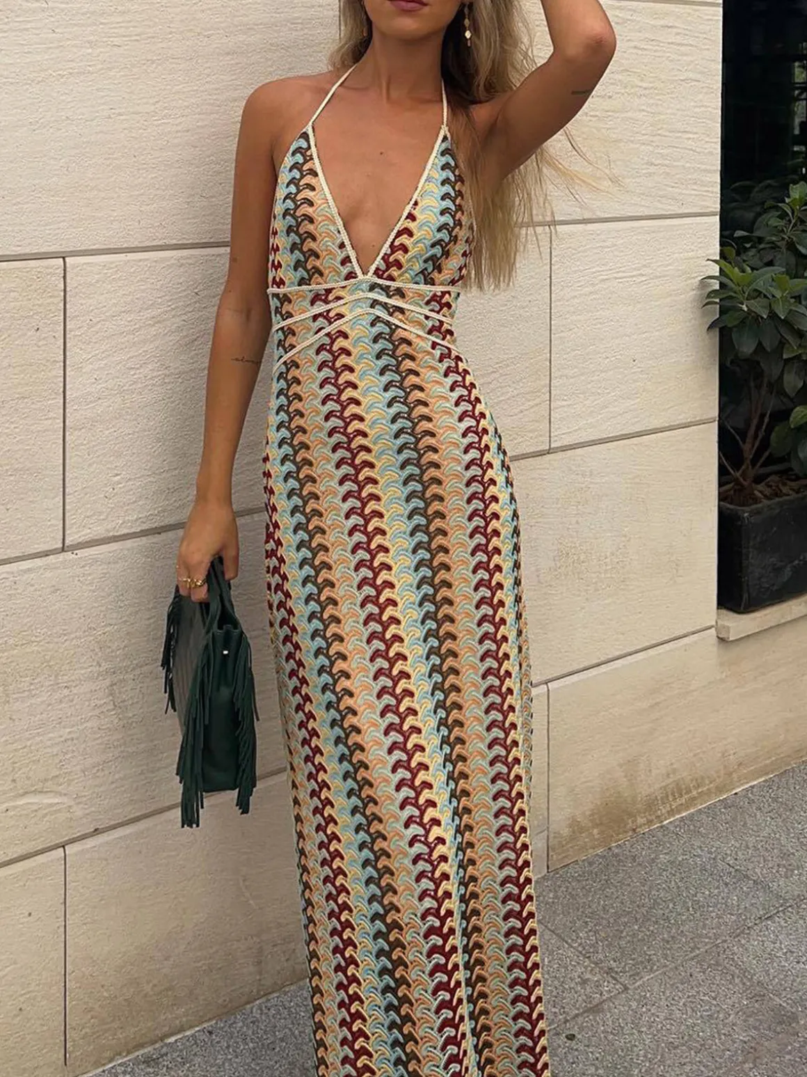 Lace Multi-Color Halter V-Neck Dress