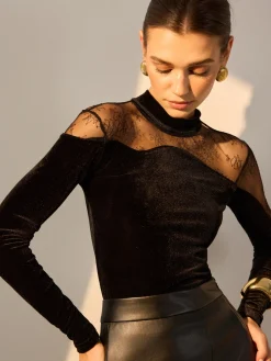 Lace Panel Velvet Slim Blouse