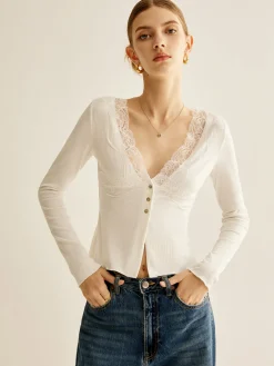 Lace Panel V-Neck Blouse