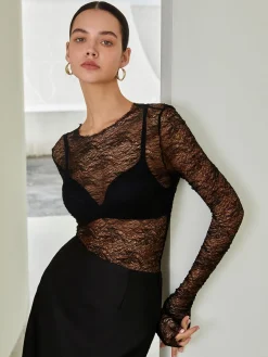 Lace Raw Hem Crew Neck Long Sleeve Top