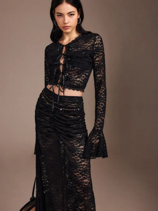 Lace Sheer Pleated Maxi Skirt Set