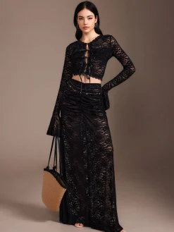 Lace Sheer Pleated Maxi Skirt Set