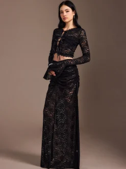 Lace Sheer Pleated Maxi Skirt Set