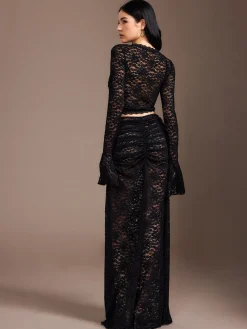 Lace Sheer Pleated Maxi Skirt Set
