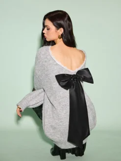 Lace Trim Bow-Decor Draped Sweater
