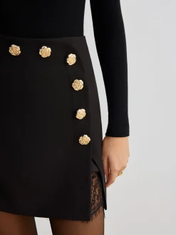 Lace Trim Metal-Flower Zipper Skirt