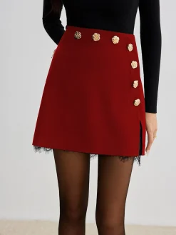 Lace Trim Metal-Flower Zipper Skirt