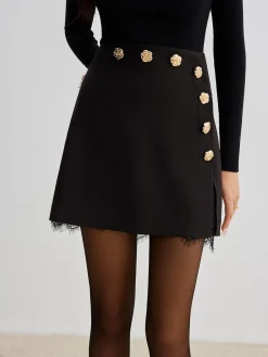 Lace Trim Metal-Flower Zipper Skirt