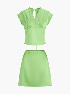 Lace Trim Satin Skirt Set