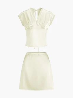 Lace Trim Satin Skirt Set