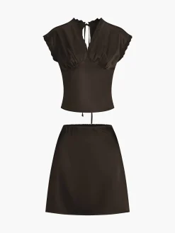 Lace Trim Satin Skirt Set