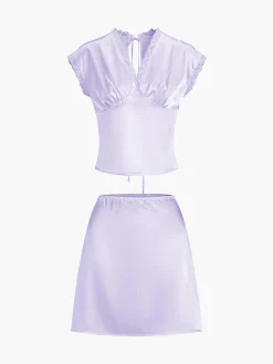 Lace Trim Satin Skirt Set