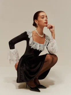 Lace Trim Velvet Short Dress