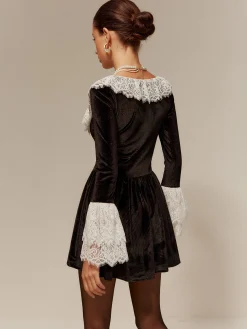 Lace Trim Velvet Short Dress