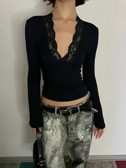 Lace Trim V-Neck T-Shirt
