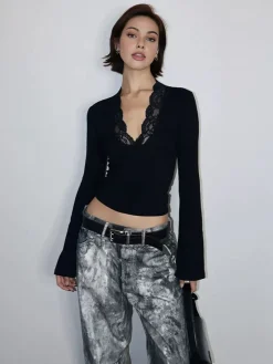 Lace Trim V-Neck T-Shirt