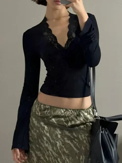 Lace Trim V-Neck T-Shirt
