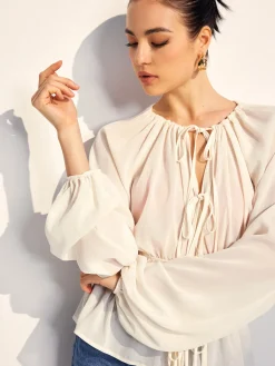 Lace Up Pleated Chiffon Shirt