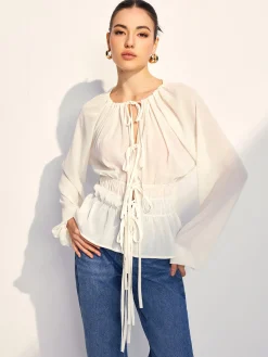 Lace Up Pleated Chiffon Shirt