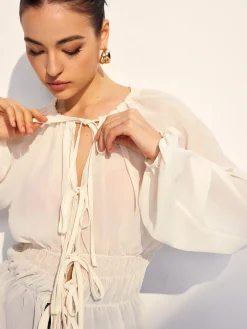 Lace Up Pleated Chiffon Shirt