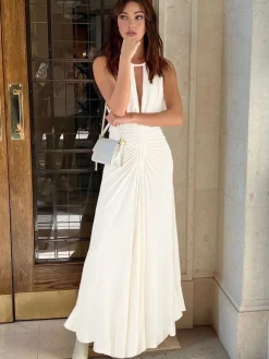 Lace Up Pleated Halter Long Dress