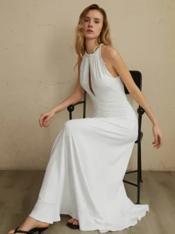 Lace Up Pleated Halter Long Dress