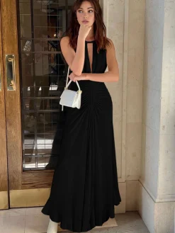 Lace Up Pleated Halter Long Dress