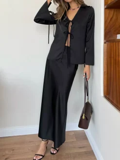 Lace Up Satin Midi Skirt Set