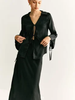 Lace Up Satin Midi Skirt Set